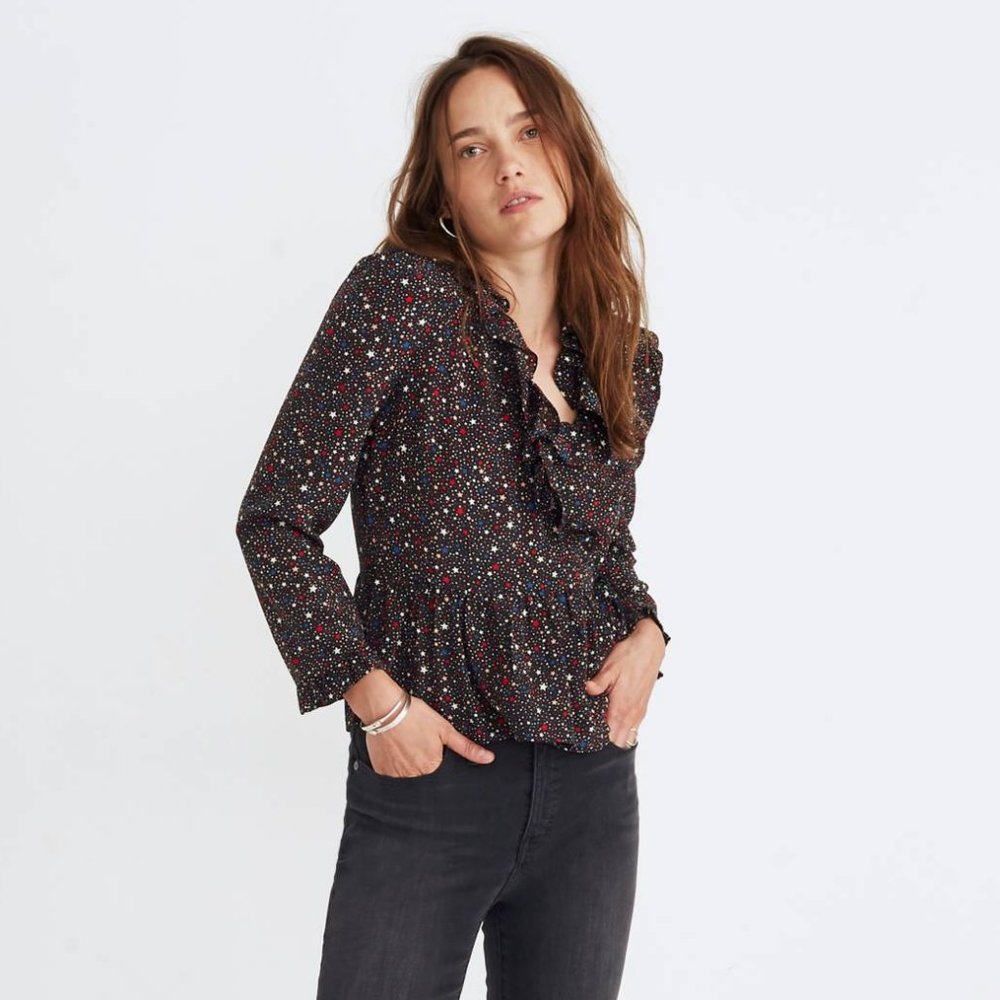 Madewell Silk Ruffle Wrap Top in Starry Night